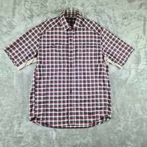 REI Shirt Mens Medium Burgundy Cream Checkered Vented Quick Dry Hiking Vented